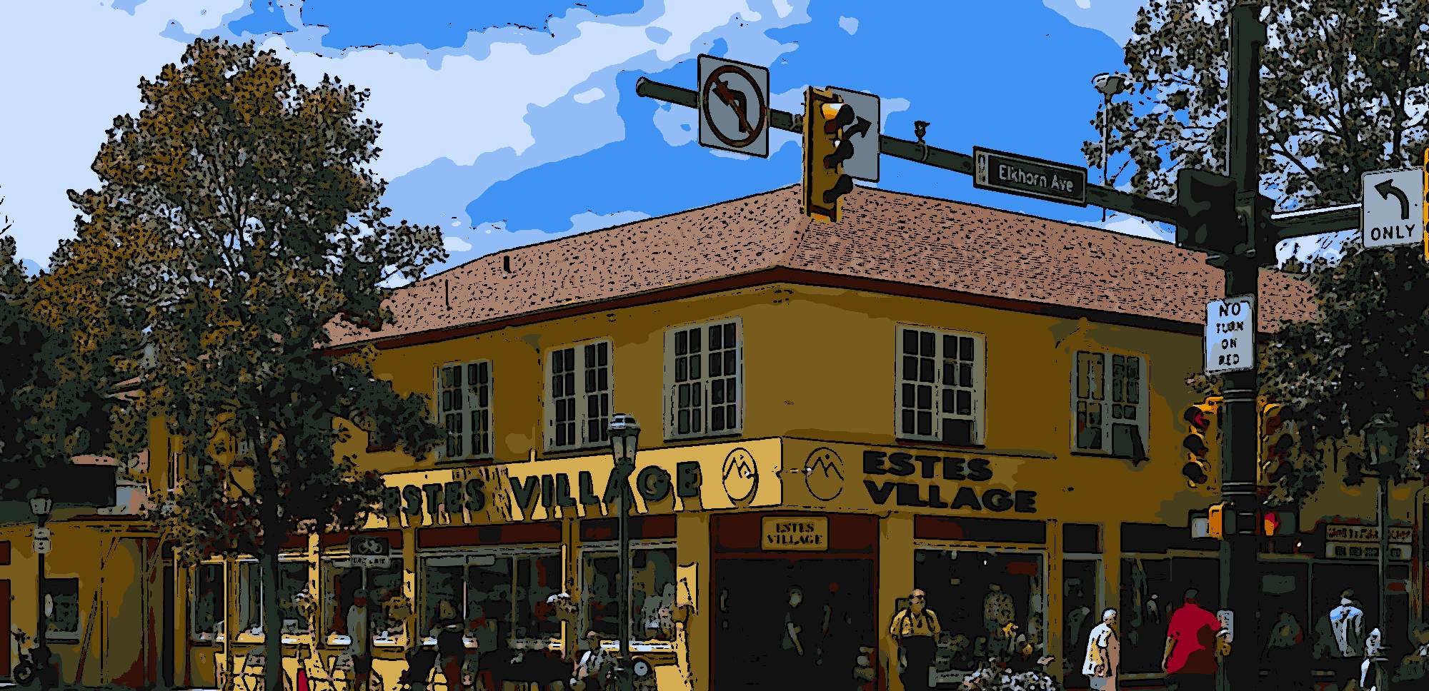 Illustrated view of the Estes Village storefront on the corner of Elkhorn Ave in downtown Estes Park